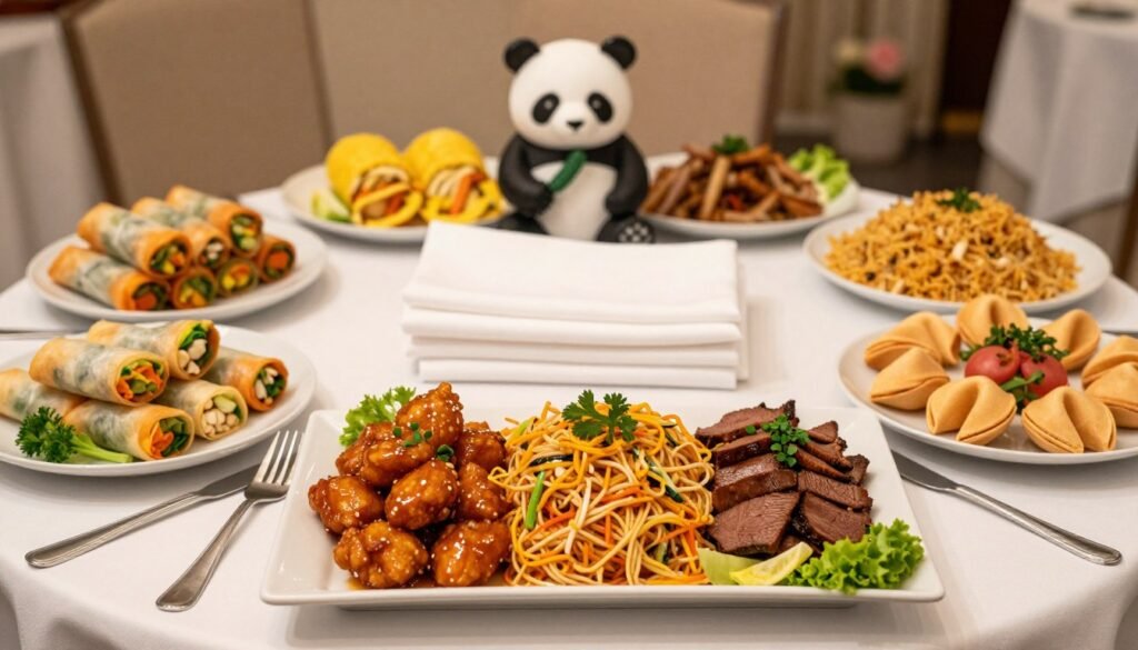A beautifully arranged Panda Express catering spread featuring vibrant, colorful dishes on an elegant table. In the foreground, a large tray displays classic items like Orange Chicken, Chow Mein, and Beijing Beef, garnished with fresh vegetables. Surrounding the tray are individual serving platters filled with veggie spring rolls, fried rice, and pleasantly arranged fortune cookies. In the middle, a neatly folded white tablecloth adds sophistication, while elegant serving utensils glimmer in soft, warm lighting. The background showcases a tasteful setting with subtle decorations, like a simple floral centerpiece, evoking a festive atmosphere perfect for an event. The overall mood is inviting and appetizing, highlighting the benefits of choosing Panda Express catering options for gatherings.