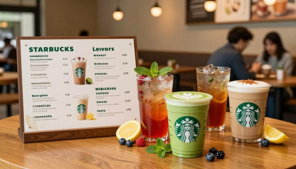 A beautifully arranged Starbucks beverage menu displayed on a wooden table, showcasing a variety of colorful and enticing tea and non-coffee drinks. In the foreground, focus on a vibrant matcha latte with a delicate foam art heart, a refreshing iced hibiscus tea with mint leaves, and a creamy chai latte topped with cinnamon. In the middle ground, include a neatly designed menu board featuring prices and descriptions of each drink, with some colorful fruit garnishes like lemon slices and berries scattered around. The background should feature a cozy café atmosphere with soft, warm lighting coming from overhead pendant lamps, and patrons enjoying their drinks in stylish, casual attire. Create a welcoming, inviting mood, showcasing the diversity and flavor of Starbucks non-coffee offerings.