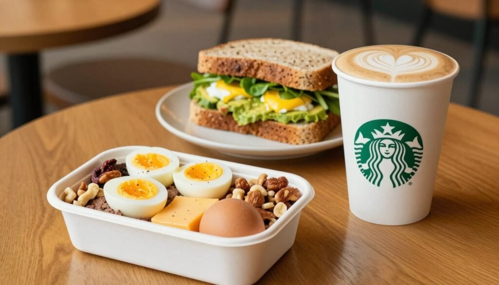 A beautifully arranged Starbucks breakfast scene featuring a wooden table spread with a variety of protein-packed menu items. In the foreground, showcase a vibrant protein box filled with hard-boiled eggs, cheese, and nuts, along with a perfectly brewed caramel macchiato in a signature Starbucks cup. In the middle, place an avocado and egg sandwich on whole grain bread, garnished with fresh greens. The background should subtly blur a cozy Starbucks café setting with warm lighting, emphasizing a relaxed atmosphere perfect for a morning meal. Use natural light for a soft, inviting glow, with a slight overhead angle to capture the enticing details of the food. The overall mood should convey energy and nourishment, appealing to health-conscious breakfast seekers.