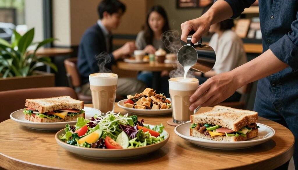 A beautifully arranged Starbucks lunch table featuring various dietary accommodations. In the foreground, display fresh salads with vibrant vegetables, gluten-free sandwiches, and plant-based snacks, all presented on elegant ceramic plates. In the middle ground, a barista prepares a creamy almond milk latte, focusing on the steaming process with soft swirls of steam rising. In the background, a cozy Starbucks interior with warm lighting and natural wooden textures creates an inviting atmosphere. Soft green plants add touches of color, while people in professional casual attire enjoy their meals, conveying a friendly and inclusive vibe. Use a shallow depth of field to emphasize the food and drinks in the foreground against the softly blurred café backdrop. The mood is warm, inviting, and community-focused.