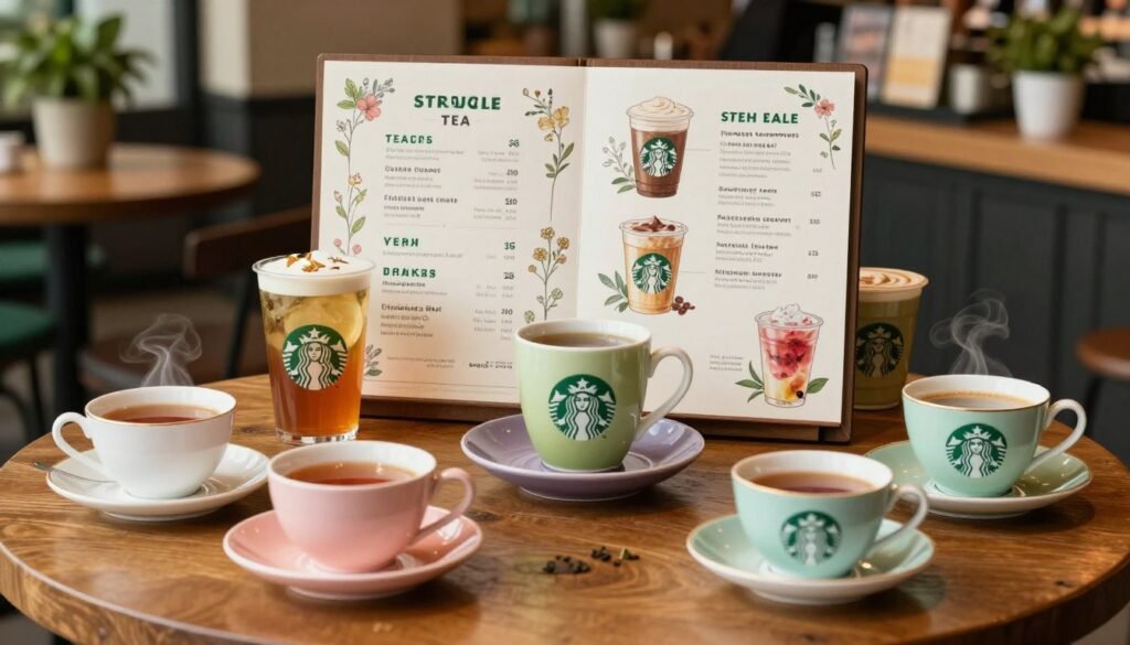 A beautifully arranged Starbucks tea menu displayed on a rustic wooden table. In the foreground, a vibrant assortment of colorful teacups, each filled with various types of tea, including herbal, green, and chai. The middle layer features the elegantly designed tea menu, showcasing enticing descriptions of the beverages with floral and botanical illustrations around each item. The background captures a cozy Starbucks ambiance with soft, warm lighting, and hints of greenery from potted plants, enhancing the inviting atmosphere for tea lovers. The image is shot with a shallow depth of field, emphasizing the teacups and menu while softly blurring the surroundings, creating a serene and delightful setting that beckons tea enthusiasts.