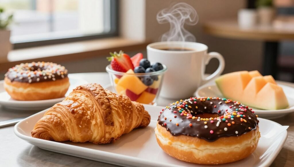 A beautifully arranged breakfast spread featuring a variety of Dunkin' Doughnuts menu items. In the foreground, showcase a warm, flaky croissant next to a perfectly glazed chocolate donut, sprinkled with colorful jimmies. In the middle, include a steaming cup of freshly brewed coffee, alongside a vibrant fruit cup with slices of strawberries, blueberries, and melon. In the background, a softly blurred view of a cozy café setting, infused with natural morning light streaming through a window, creating a warm and inviting atmosphere. Capture the scene with a slight overhead angle, using soft focus to emphasize the delicious array of breakfast items, evoking a sense of comfort and a perfect start to the day.