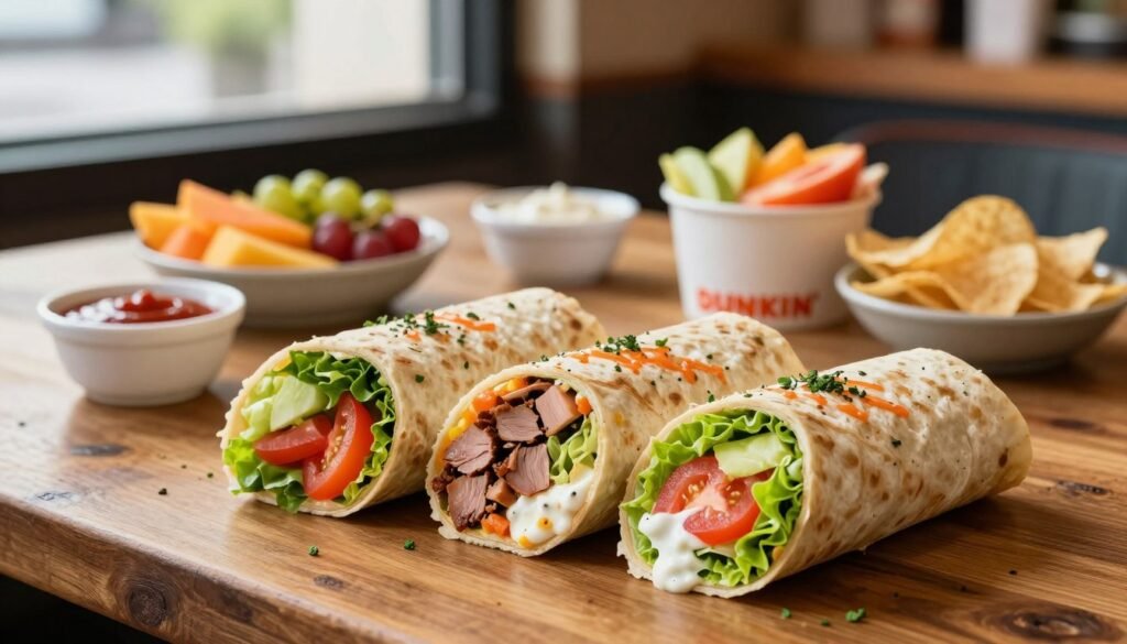 A beautifully arranged display of Dunkin's wraps menu, showcasing a variety of colorful and appetizing wraps filled with fresh ingredients. In the foreground, focus on three distinct wraps sliced in half, revealing vibrant fillings like crisp lettuce, juicy tomatoes, savory meats, and creamy sauces, artistically garnished with herbs. The middle ground features a rustic wooden table set with a few dipping sauces and sides like fresh fruit and chips, enhancing the meal experience. In the background, soft, natural lighting filters in through a restaurant window, creating a warm and inviting atmosphere. The image captures a casual dining scene, perfect for promoting portable lunch options, with no people present to emphasize the food. High-resolution, with a shallow depth of field to keep the focus on the delicious wraps.