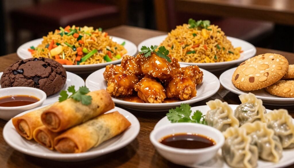 A beautifully arranged display of Panda Express Grand Junction menu items focusing on appetizers, extras, and desserts. In the foreground, showcase crispy spring rolls and tangy dumplings, garnished with fresh cilantro and dipping sauces. In the middle, feature a vibrant orange chicken alongside a plate of fried rice, with colorful vegetables peeking through. Include a rich chocolate chip cookie or an almond cookie for dessert, elegantly placed in the scene. The background should subtly suggest a cozy restaurant ambiance with warm, inviting lighting that enhances the foods' colors. Use a shallow depth of field to blur the background slightly, drawing attention to the delicious offerings. Capture the mood of warmth and flavor, evoking the authentic taste of Chinese cuisine. A beautifully arranged display of Panda Express Grand Junction menu items focusing on appetizers, extras, and desserts. In the foreground, showcase crispy spring rolls and tangy dumplings, garnished with fresh cilantro and dipping sauces. In the middle, feature a vibrant orange chicken alongside a plate of fried rice, with colorful vegetables peeking through. Include a rich chocolate chip cookie or an almond cookie for dessert, elegantly placed in the scene. The background should subtly suggest a cozy restaurant ambiance with warm, inviting lighting that enhances the foods' colors. Use a shallow depth of field to blur the background slightly, drawing attention to the delicious offerings. Capture the mood of warmth and flavor, evoking the authentic taste of Chinese cuisine.
