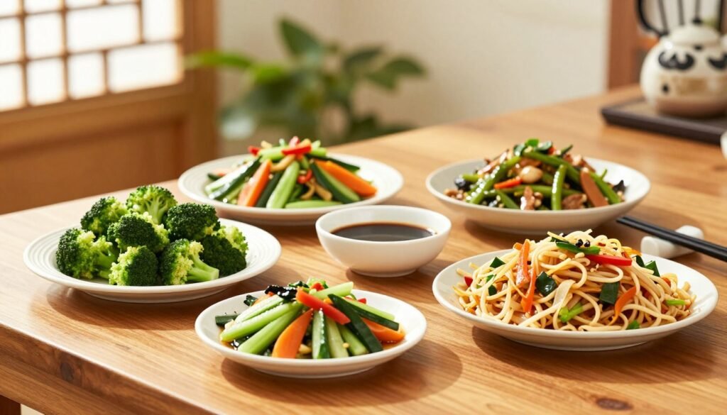 A beautifully arranged display of Panda Express low-calorie side dishes on a vibrant wooden table. In the foreground, a colorful assortment featuring steamed broccoli, mixed vegetables, and a serving of chow mein, all artfully plated. The middle ground includes a small bowl of soy sauce with chopsticks, invitingly placed next to the dishes. In the background, soft-focus greenery and elegant Asian-style decor give a warm and inviting atmosphere. The scene is brightly lit, emulating natural sunlight filtering through a window, enhancing the fresh colors of the food. Capture this with a slightly elevated angle to showcase the dishes prominently, evoking a mood of healthiness and deliciousness, perfect for a culinary exploration.