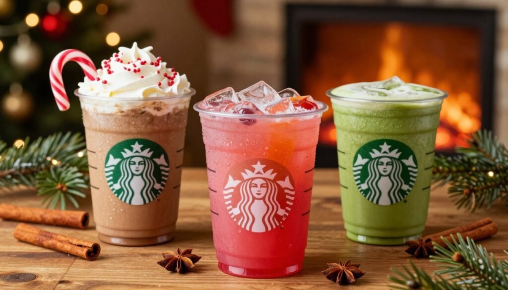 A beautifully arranged display of festive Starbucks cold beverages on a wooden table, showcasing three vibrant drink cups: a peppermint mocha topped with whipped cream and candy canes, a bright pink cranberry orange drink, and a rich green matcha iced latte. In the foreground, the drinks are adorned with frosty condensation, glistening in warm, golden holiday lighting. Decorate the scene with seasonal elements like cinnamon sticks, star anise, and pine branches scattered around, creating a cozy atmosphere. In the background, blurred out, suggestive hints of holiday decorations, like twinkling fairy lights and a softly glowing fireplace. Capture in a close-up angle, evoking warmth and inviting holiday spirit, ideal for winter gatherings. A beautifully arranged display of festive Starbucks cold beverages on a wooden table, showcasing three vibrant drink cups: a peppermint mocha topped with whipped cream and candy canes, a bright pink cranberry orange drink, and a rich green matcha iced latte. In the foreground, the drinks are adorned with frosty condensation, glistening in warm, golden holiday lighting. Decorate the scene with seasonal elements like cinnamon sticks, star anise, and pine branches scattered around, creating a cozy atmosphere. In the background, blurred out, suggestive hints of holiday decorations, like twinkling fairy lights and a softly glowing fireplace. Capture in a close-up angle, evoking warmth and inviting holiday spirit, ideal for winter gatherings.