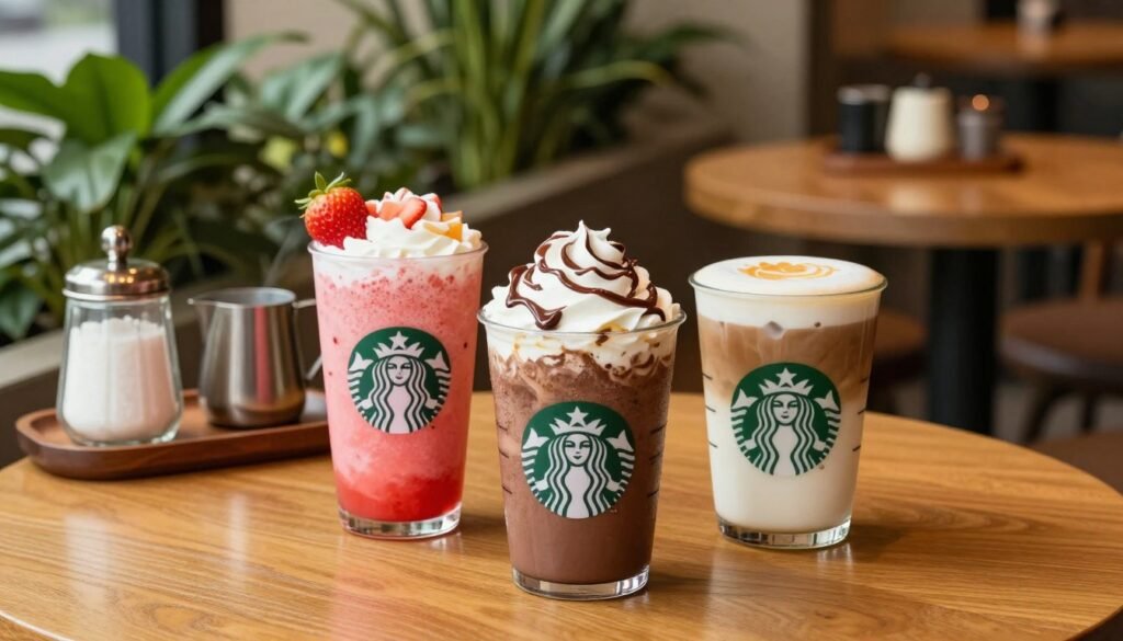 A beautifully arranged display of secret Starbucks coffee drinks in an inviting café setting. In the foreground, showcase three vibrant, colorful drinks: a bright pink Strawberry Açaí Refresher topped with fresh fruit, a rich, frothy Chocolate Mousse Cold Brew with whipped cream and drizzled chocolate, and a creamy, iced vanilla latte with layers of caramel. In the middle ground, include a wooden table adorned with coffee accessories, such as a small milk frother and an elegant sugar jar. The background features lush greenery and cozy warm lighting, creating a relaxed, welcoming atmosphere, reminiscent of a trendy coffee shop. The image is captured at eye-level using a soft focus lens to highlight the exquisite textures and vibrant colors of the drinks, inviting caffeine lovers to indulge in these hidden delights. A beautifully arranged display of secret Starbucks coffee drinks in an inviting café setting. In the foreground, showcase three vibrant, colorful drinks: a bright pink Strawberry Açaí Refresher topped with fresh fruit, a rich, frothy Chocolate Mousse Cold Brew with whipped cream and drizzled chocolate, and a creamy, iced vanilla latte with layers of caramel. In the middle ground, include a wooden table adorned with coffee accessories, such as a small milk frother and an elegant sugar jar. The background features lush greenery and cozy warm lighting, creating a relaxed, welcoming atmosphere, reminiscent of a trendy coffee shop. The image is captured at eye-level using a soft focus lens to highlight the exquisite textures and vibrant colors of the drinks, inviting caffeine lovers to indulge in these hidden delights.
