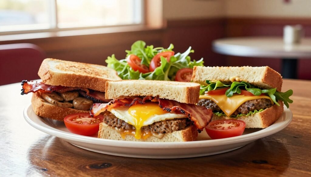 A beautifully arranged plate featuring Applebee's breakfast sandwiches, with a variety of options including a classic egg and bacon sandwich, a delicious sausage and cheese sandwich, and a veggie-packed option. Each sandwich is presented on a rustic wooden table, garnished with fresh greens and colorful slices of tomatoes. In the background, soft morning light filters through a window, creating a warm and inviting atmosphere. The focus is sharp on the sandwiches, while the background has a slight blur to emphasize the dishes. A cozy diner setting with light reflections enhancing the delicious textures of the sandwiches, reflecting a cheerful and vibrant breakfast experience. The image conveys a sense of comfort and morning indulgence, perfect for a bright start to the day. A beautifully arranged plate featuring Applebee's breakfast sandwiches, with a variety of options including a classic egg and bacon sandwich, a delicious sausage and cheese sandwich, and a veggie-packed option. Each sandwich is presented on a rustic wooden table, garnished with fresh greens and colorful slices of tomatoes. In the background, soft morning light filters through a window, creating a warm and inviting atmosphere. The focus is sharp on the sandwiches, while the background has a slight blur to emphasize the dishes. A cozy diner setting with light reflections enhancing the delicious textures of the sandwiches, reflecting a cheerful and vibrant breakfast experience. The image conveys a sense of comfort and morning indulgence, perfect for a bright start to the day.