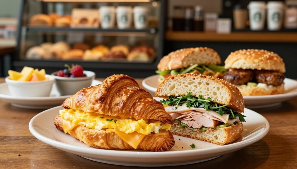 A beautifully arranged plate of classic Starbucks breakfast sandwiches in the foreground, showcasing a variety of options: a warm, flaky croissant sandwich with a layer of egg and cheese, a hearty whole grain sandwich with turkey and spinach, and a savory biscuit with sausage. The sandwiches are garnished with fresh herbs and accompanied by a small dish of fruit on the side. In the middle ground, a cozy Starbucks café setting with soft lighting highlighting the sandwiches, creating a warm, inviting atmosphere. The background features blurred shelves filled with coffee cups and pastries, adding depth to the scene. The image is taken from a slight overhead angle, capturing the delicious details of the sandwiches while emphasizing their appetizing appeal, creating a perfect morning vibe.