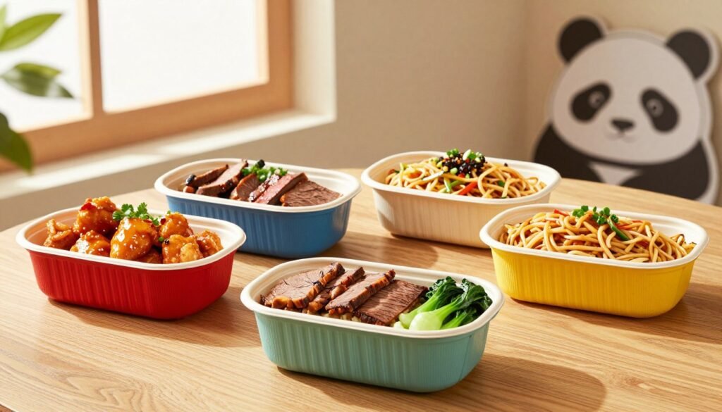 A beautifully arranged selection of Panda Express menu combos, showcasing a variety of vibrant dishes. In the foreground, there are colorful bento-style boxes filled with orange chicken, Beijing beef, chow mein, and steamed vegetables, artfully presented with fresh garnishes. The middle ground features an elegant wooden table surface, highlighting the textures of the food. Soft, natural light filters through an open window, casting gentle shadows and enhancing the freshness of the meal. In the background, a subtle hint of a classic Panda Express logo can be seen, ensuring brand recognition without overpowering the food focus. The atmosphere is inviting and warm, evoking a sense of comfort and delicious anticipation for the perfect custom combination meal.