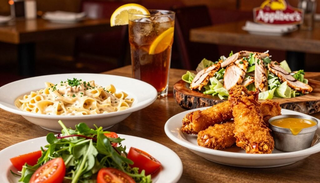 A beautifully arranged table featuring a selection of Applebee's chicken entrées, including a creamy Chicken Alfredo pasta, crispy Chicken Tenders served with a side of honey mustard, and a flavorful Grilled Chicken Caesar Salad. In the foreground, showcase the vibrant colors of fresh ingredients like cherry tomatoes, greens, and garnishes. The middle ground should include a glass of refreshing iced tea with a lemon slice, alongside a rustic wooden serving platter. The background softly blurs a cozy, inviting Applebee's restaurant ambiance with warm lighting, enhancing the dining experience. Use a slight overhead angle to capture the enticing details and textures of the dishes while creating a warm, welcoming atmosphere. The mood conveys a sense of delicious comfort and casual dining enjoyment.