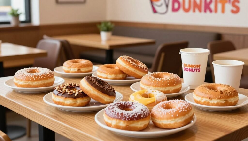 A beautifully arranged table featuring a variety of Dunkin' Donuts allergen-friendly menu items, such as gluten-free donuts, nut-free bagels, and dairy-free beverages. In the foreground, include a vibrant plate with colorful, inviting donuts, their textures highlighted by soft, natural lighting. The middle layer should showcase a cozy café atmosphere, with a welcoming wooden table and comfortable seating, subtly decorated with plants. In the background, hint at the Dunkin' Donuts logo on a wall, enhancing the brand's presence without overshadowing the food. Capture a warm and friendly atmosphere, encouraging a sense of community among people with food sensitivities. The image should have a bright, inviting mood, featuring a slightly elevated angle to showcase the spread enticingly. A beautifully arranged table featuring a variety of Dunkin' Donuts allergen-friendly menu items, such as gluten-free donuts, nut-free bagels, and dairy-free beverages. In the foreground, include a vibrant plate with colorful, inviting donuts, their textures highlighted by soft, natural lighting. The middle layer should showcase a cozy café atmosphere, with a welcoming wooden table and comfortable seating, subtly decorated with plants. In the background, hint at the Dunkin' Donuts logo on a wall, enhancing the brand's presence without overshadowing the food. Capture a warm and friendly atmosphere, encouraging a sense of community among people with food sensitivities. The image should have a bright, inviting mood, featuring a slightly elevated angle to showcase the spread enticingly.