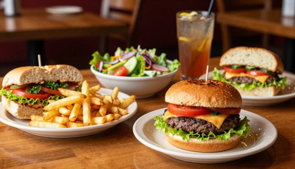 A beautifully arranged table featuring an array of Applebee's dinner options, focusing on handcrafted burgers and sandwiches. In the foreground, display a juicy burger stacked high with lettuce, tomato, cheese, and a perfectly toasted bun, alongside a plate of crispy French fries. A sandwich filled with fresh ingredients peeks next to it, garnished with parsley. In the middle ground, set a vibrant salad and a refreshing drink, capturing the essence of a casual dining experience. The background showcases a softly lit, inviting restaurant ambiance, with warm wooden tones and subtle decorative elements. Use warm, natural lighting to evoke a cozy, friendly atmosphere, shot from a slight overhead angle to capture the delicious details of each dish. A beautifully arranged table featuring an array of Applebee's dinner options, focusing on handcrafted burgers and sandwiches. In the foreground, display a juicy burger stacked high with lettuce, tomato, cheese, and a perfectly toasted bun, alongside a plate of crispy French fries. A sandwich filled with fresh ingredients peeks next to it, garnished with parsley. In the middle ground, set a vibrant salad and a refreshing drink, capturing the essence of a casual dining experience. The background showcases a softly lit, inviting restaurant ambiance, with warm wooden tones and subtle decorative elements. Use warm, natural lighting to evoke a cozy, friendly atmosphere, shot from a slight overhead angle to capture the delicious details of each dish.