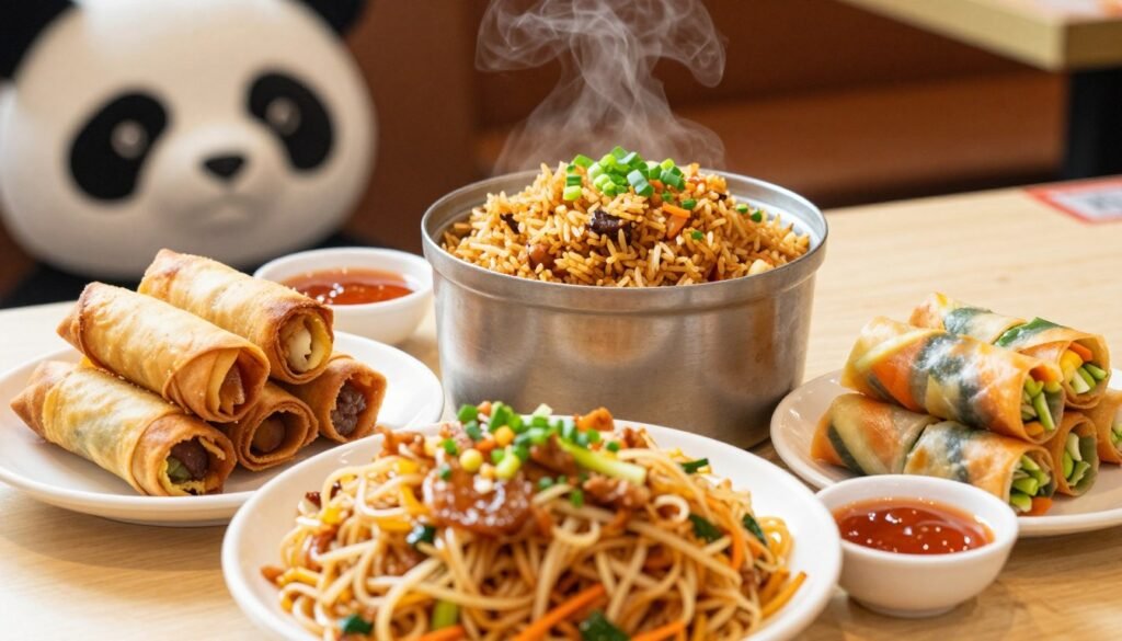 A beautifully arranged table featuring an assortment of Panda Express sides and appetizers. In the foreground, a vibrant bowl of chow mein sits alongside crispy egg rolls, their golden crust glistening. A small dish of sweet and sour sauce complements the egg rolls, while a colorful mix of vegetable spring rolls adds freshness. In the middle, a steaming container of fried rice, garnished with green onions, showcases earthy tones. The background features a subtle hint of a Panda Express restaurant, with warm lighting creating an inviting atmosphere. The scene captures a sense of community and enjoyment, ideal for sharing delicious Asian flavors. Use a soft focus lens to enhance the warmth and depth, making the dishes appear mouthwatering. Aim for a cozy and inviting ambiance.