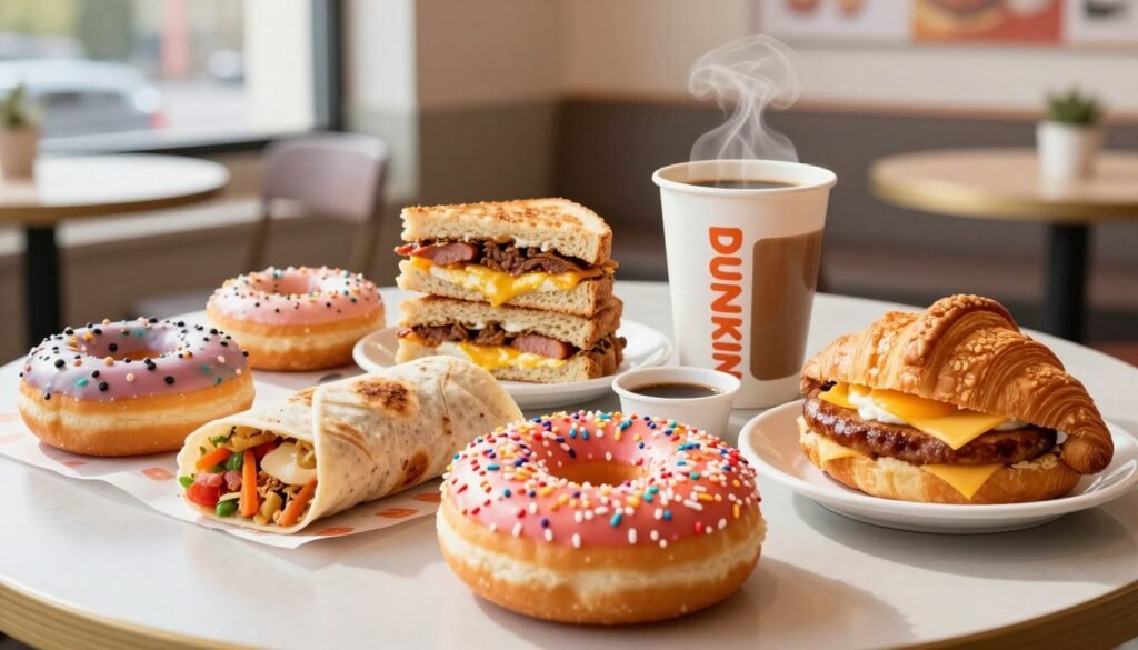 A beautifully arranged table featuring the best Dunkin' breakfast items, including an assortment of colorful donuts, a steaming cup of freshly brewed coffee, a breakfast sandwich with egg, cheese, and a savory sausage patty, and a variety of breakfast wraps. The foreground highlights a large, vibrant donut with sprinkles, while a warm croissant is positioned near the coffee cup, exuding a sense of morning freshness. In the middle ground, breakfast sandwiches are neatly stacked, showcasing their hearty ingredients. The background features a cozy cafe setting with soft, natural lighting streaming from large windows, creating a cheerful and inviting atmosphere. The composition is shot at eye level with a subtle depth of field, emphasizing the delicious array of breakfast choices that Dunkin' offers.