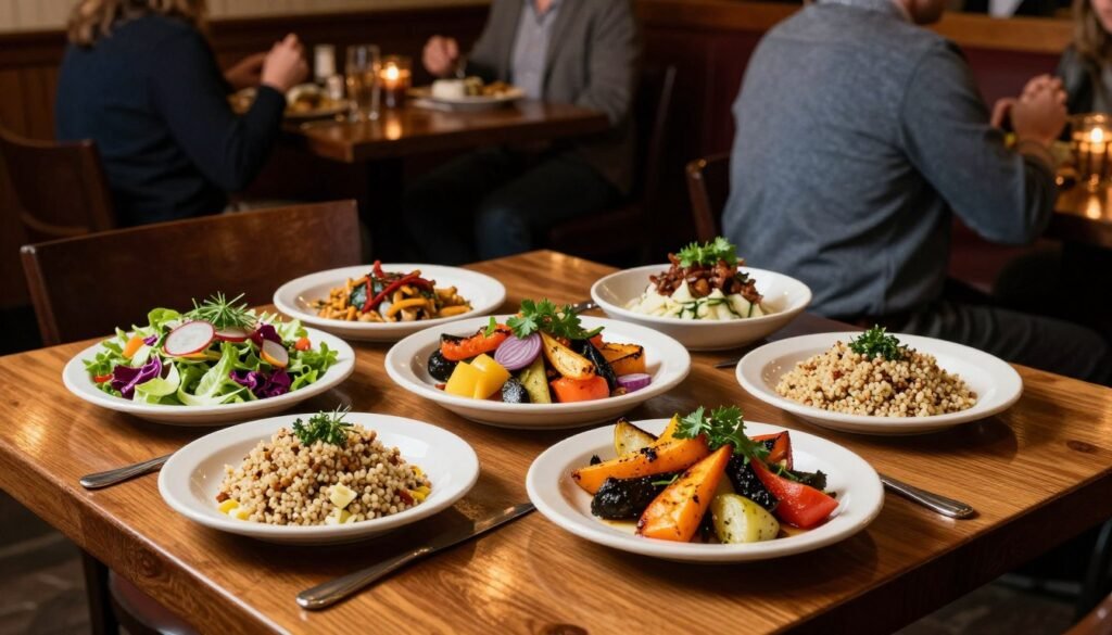 A beautifully arranged table set in a warm, inviting Applebee's restaurant ambiance. In the foreground, a polished wooden table displays a colorful array of side dishes that support nutritional goals, featuring a vibrant garden salad, roasted seasonal vegetables, and a portion of quinoa. The dishes are styled tastefully with fresh herbs garnishing each plate. In the middle ground, soft lighting accentuates the food and the inviting atmosphere, while patrons in the background interact casually, dressed in smart casual attire. The scene captures a cozy dining experience, evoking a sense of health-focused enjoyment. The image is taken from a slightly elevated angle, allowing for a clear view of the table's spread while creating depth in the restaurant's warm tones. A beautifully arranged table set in a warm, inviting Applebee's restaurant ambiance. In the foreground, a polished wooden table displays a colorful array of side dishes that support nutritional goals, featuring a vibrant garden salad, roasted seasonal vegetables, and a portion of quinoa. The dishes are styled tastefully with fresh herbs garnishing each plate. In the middle ground, soft lighting accentuates the food and the inviting atmosphere, while patrons in the background interact casually, dressed in smart casual attire. The scene captures a cozy dining experience, evoking a sense of health-focused enjoyment. The image is taken from a slightly elevated angle, allowing for a clear view of the table's spread while creating depth in the restaurant's warm tones.