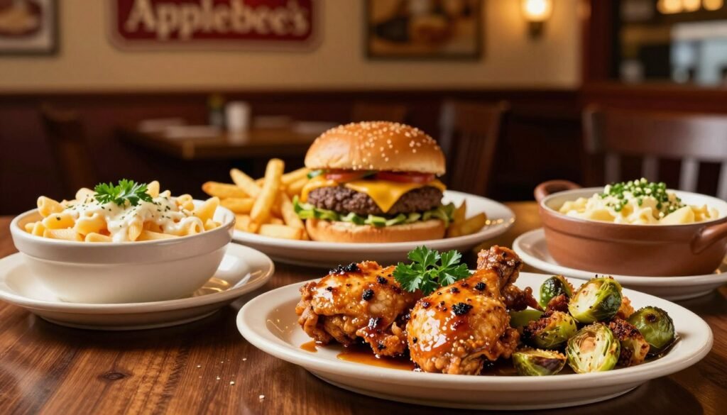 A beautifully arranged table showcasing Applebee's main course selections, featuring a variety of delectable dishes. In the foreground, a sizzling plate of Bourbon Street Chicken, garnished with fresh parsley, and a generous portion of crispy Brussels sprouts. Beside it, a rich and creamy three-cheese penne served in a stylish bowl. In the middle ground, a vibrant display of a classic cheeseburger with a side of golden fries, plated elegantly. The background shows a cozy Applebee's restaurant interior, softly lit with warm lighting that creates an inviting atmosphere. The angle captures the essence of a dining experience, emphasizing the delicious, mouth-watering appeal of the food. The overall mood is lively yet relaxed, perfect for a casual gathering with friends. A beautifully arranged table showcasing Applebee's main course selections, featuring a variety of delectable dishes. In the foreground, a sizzling plate of Bourbon Street Chicken, garnished with fresh parsley, and a generous portion of crispy Brussels sprouts. Beside it, a rich and creamy three-cheese penne served in a stylish bowl. In the middle ground, a vibrant display of a classic cheeseburger with a side of golden fries, plated elegantly. The background shows a cozy Applebee's restaurant interior, softly lit with warm lighting that creates an inviting atmosphere. The angle captures the essence of a dining experience, emphasizing the delicious, mouth-watering appeal of the food. The overall mood is lively yet relaxed, perfect for a casual gathering with friends.