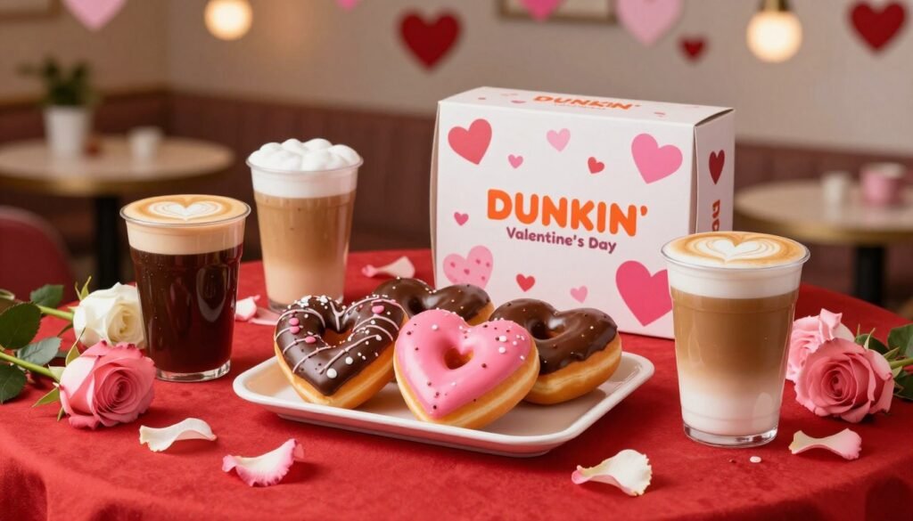 A beautifully arranged table showcasing Dunkin' Valentine's Day specials, with vibrant heart-shaped donuts glazed in pink and chocolate icing, surrounded by seasonal coffee drinks like heart-themed lattes topped with foam art. In the foreground, a festive red tablecloth adds warmth, while delicate petals of pink and white roses scatter across the table. The middle ground features a Dunkin' coffee box decorated with Valentine's motifs. In the background, soft, ambient lighting creates a cozy café atmosphere, with heart-shaped decorations hanging from the ceiling. The image should exude an inviting, joyful mood, suggesting a perfect celebration for couples or friends, captured with a soft-focus lens to enhance the romantic feel.