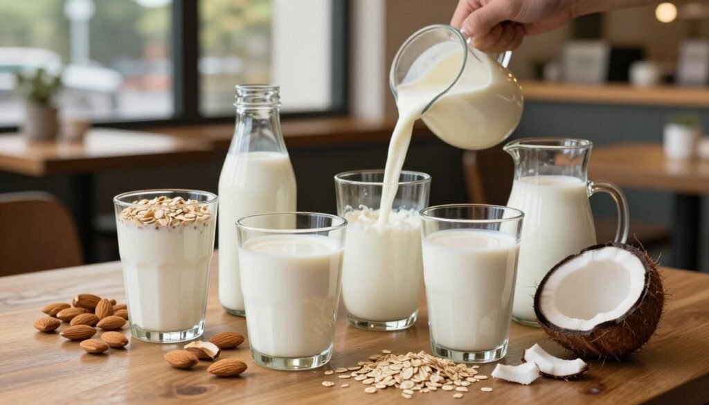 A beautifully arranged table showcasing a variety of dairy-free milk alternatives, prominently featuring almond, oat, coconut, and soy milk in elegant glass containers. The foreground focuses on the vivid textures and colors of the different milks, surrounded by scattered nuts, oats, and coconut flakes. In the middle ground, a small, stylish pitcher spills creamy almond milk into a coffee cup, capturing the rich, inviting flow. The background features a warm, cozy cafe setting with soft, natural lighting filtering through large windows, creating a welcoming atmosphere. The angle should emphasize the delightful arrangement on the table, evoking feelings of health and inclusivity. The entire scene is well-composed, without any distractions, allowing the products to shine as dairy-free, vegan choices. A beautifully arranged table showcasing a variety of dairy-free milk alternatives, prominently featuring almond, oat, coconut, and soy milk in elegant glass containers. The foreground focuses on the vivid textures and colors of the different milks, surrounded by scattered nuts, oats, and coconut flakes. In the middle ground, a small, stylish pitcher spills creamy almond milk into a coffee cup, capturing the rich, inviting flow. The background features a warm, cozy cafe setting with soft, natural lighting filtering through large windows, creating a welcoming atmosphere. The angle should emphasize the delightful arrangement on the table, evoking feelings of health and inclusivity. The entire scene is well-composed, without any distractions, allowing the products to shine as dairy-free, vegan choices.