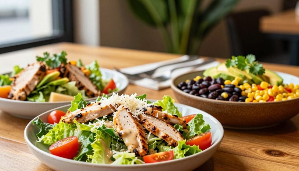 A beautifully arranged table showcasing a variety of gluten-free salads from Applebee's. In the foreground, a vibrant Caesar salad adorned with crisp romaine lettuce, grilled chicken slices, cherry tomatoes, and a sprinkle of Parmesan cheese, drizzled with a light gluten-free dressing. Beside it, a colorful southwest salad featuring black beans, corn, diced peppers, avocado, and a hint of cilantro, all set in a rustic bowl. In the middle ground, an elegant backdrop of wooden tabletops and soft green foliage. Natural sunlight filters in from nearby windows, creating a warm and inviting atmosphere. Capture the details of the salads' textures and freshness, using a shallow depth of field to emphasize the colorful ingredients, with a slight angle to give depth to the presentation. The mood should feel fresh, healthy, and appetizing. A beautifully arranged table showcasing a variety of gluten-free salads from Applebee's. In the foreground, a vibrant Caesar salad adorned with crisp romaine lettuce, grilled chicken slices, cherry tomatoes, and a sprinkle of Parmesan cheese, drizzled with a light gluten-free dressing. Beside it, a colorful southwest salad featuring black beans, corn, diced peppers, avocado, and a hint of cilantro, all set in a rustic bowl. In the middle ground, an elegant backdrop of wooden tabletops and soft green foliage. Natural sunlight filters in from nearby windows, creating a warm and inviting atmosphere. Capture the details of the salads' textures and freshness, using a shallow depth of field to emphasize the colorful ingredients, with a slight angle to give depth to the presentation. The mood should feel fresh, healthy, and appetizing.