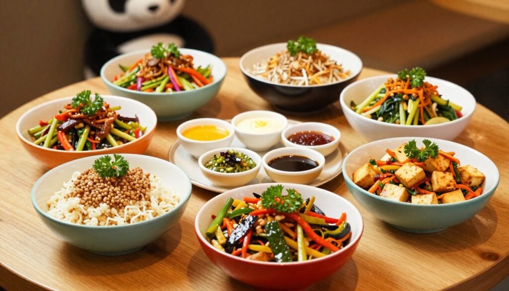 A beautifully arranged table showcasing a vibrant selection of vegan dishes from Panda Express. In the foreground, there are colorful bowls filled with stir-fried vegetables, tofu, and grains, artfully garnished with fresh herbs. In the middle, a variety of sauces in small dishes add depth, highlighting the flavors of the plant-based options. The background features a warm, inviting ambiance typical of a Panda Express location, with soft lighting enhancing the appetizing presentation. Use a slightly elevated angle to capture the table setup, creating a cozy and inviting atmosphere that appeals to vegan diners. The mood is cheerful and satisfying, emphasizing the deliciousness and variety of vegan choices available. A beautifully arranged table showcasing a vibrant selection of vegan dishes from Panda Express. In the foreground, there are colorful bowls filled with stir-fried vegetables, tofu, and grains, artfully garnished with fresh herbs. In the middle, a variety of sauces in small dishes add depth, highlighting the flavors of the plant-based options. The background features a warm, inviting ambiance typical of a Panda Express location, with soft lighting enhancing the appetizing presentation. Use a slightly elevated angle to capture the table setup, creating a cozy and inviting atmosphere that appeals to vegan diners. The mood is cheerful and satisfying, emphasizing the deliciousness and variety of vegan choices available.