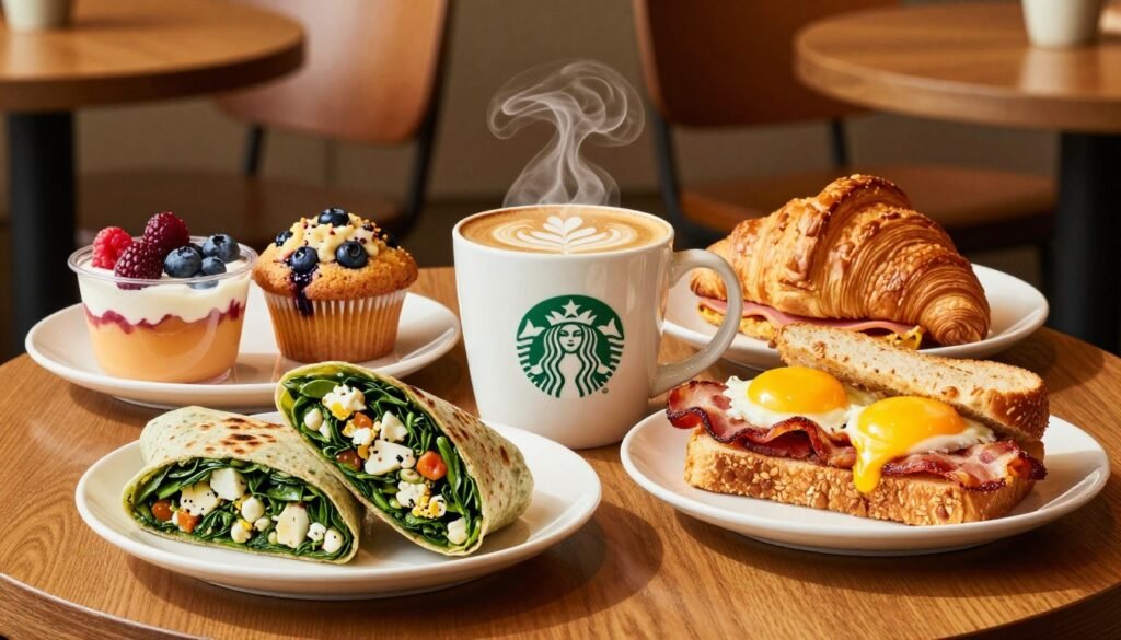 A beautifully arranged table showcasing an array of Starbucks breakfast options. In the foreground, a vibrant, flavorful spread featuring a spinach and feta wrap, a classic bacon and egg sandwich, and a seasonal fruit cup with berries. In the middle, a steaming cup of coffee with intricate latte art sits beside a selection of pastries, including a blueberry muffin and a ham and cheese croissant. The background features a cozy Starbucks café with warm wooden accents, soft lighting casting a welcoming glow. The image is captured from a slightly elevated angle, emphasizing the delicious food while creating an inviting atmosphere. The overall mood feels warm and inviting, perfect for highlighting nutritious breakfast choices. A beautifully arranged table showcasing an array of Starbucks breakfast options. In the foreground, a vibrant, flavorful spread featuring a spinach and feta wrap, a classic bacon and egg sandwich, and a seasonal fruit cup with berries. In the middle, a steaming cup of coffee with intricate latte art sits beside a selection of pastries, including a blueberry muffin and a ham and cheese croissant. The background features a cozy Starbucks café with warm wooden accents, soft lighting casting a welcoming glow. The image is captured from a slightly elevated angle, emphasizing the delicious food while creating an inviting atmosphere. The overall mood feels warm and inviting, perfect for highlighting nutritious breakfast choices.