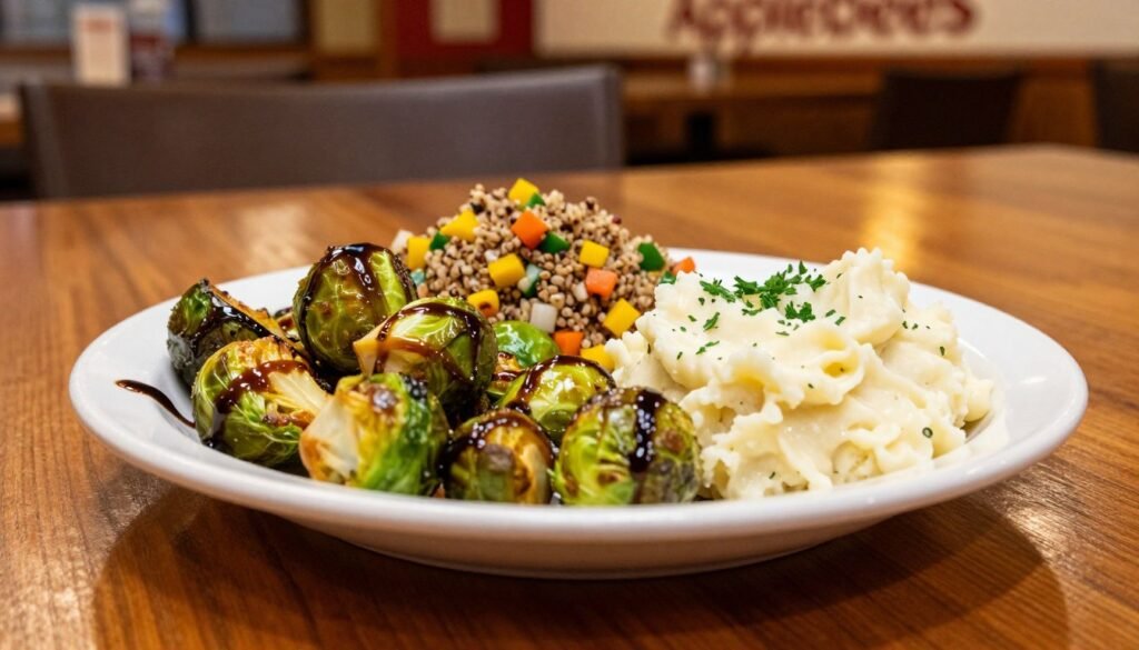 A beautifully arranged tableau of gluten-free sides from Applebee's, featuring a vibrant plate of crispy Brussels sprouts drizzled with balsamic glaze, a colorful quinoa salad with diced vegetables, and creamy mashed potatoes garnished with fresh herbs. In the foreground, a polished wooden table enhances the meal presentation, while a softly glowing warm light creates an inviting atmosphere. In the background, hints of Applebee's restaurant decor—like subtle wooden accents and soft ambient lighting—further establish the setting. The scene is captured at a slight angle to emphasize the textures of the dishes, invoking a sense of warmth and satisfaction. Ideal for showcasing delicious and enticing gluten-free dining options. A beautifully arranged tableau of gluten-free sides from Applebee's, featuring a vibrant plate of crispy Brussels sprouts drizzled with balsamic glaze, a colorful quinoa salad with diced vegetables, and creamy mashed potatoes garnished with fresh herbs. In the foreground, a polished wooden table enhances the meal presentation, while a softly glowing warm light creates an inviting atmosphere. In the background, hints of Applebee's restaurant decor—like subtle wooden accents and soft ambient lighting—further establish the setting. The scene is captured at a slight angle to emphasize the textures of the dishes, invoking a sense of warmth and satisfaction. Ideal for showcasing delicious and enticing gluten-free dining options.