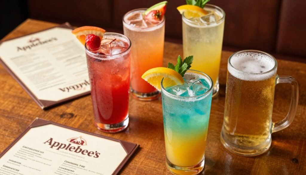 A beautifully arranged tabletop featuring a variety of Applebee's seasonal and limited-time alcoholic beverages. In the foreground, two tall glasses filled with vibrant, colorful cocktails garnished with fresh fruit and herbs, reflecting inviting summer hues. A frosty beer mug is positioned beside them, showing condensation droplets. In the middle ground, a wooden table provides a rustic feel, with a few cocktail menus slightly blurred, hinting at more drink options. In the background, warm lighting creates an inviting atmosphere, perhaps with a hint of Applebee's cozy interior decor. The overall mood is festive and cheerful, ideal for a casual dining experience. Capture a slight top-down angle to highlight the drinks elegantly, ensuring vibrant colors and textures stand out vividly.