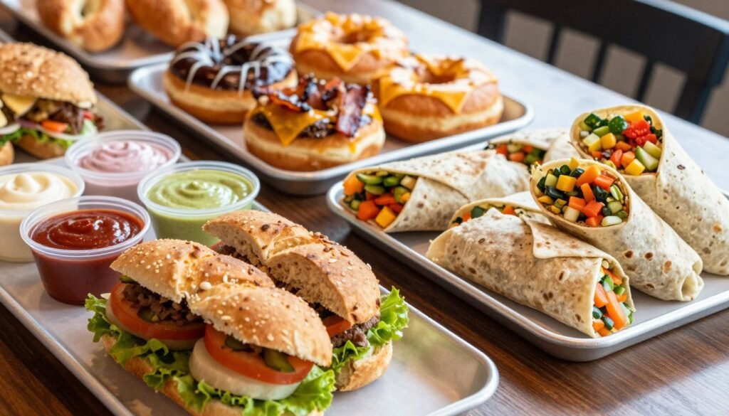 A beautifully arranged tabletop featuring an array of savory Dunkin' menu items perfect for lunch and snacks. In the foreground, focus on a gourmet sandwich filled with fresh ingredients, accompanied by a variety of colorful dips. To the right, showcase an inviting selection of wraps and pita pockets, adorned with vibrant vegetables and sauces, creating an appetizing display. In the middle background, include donuts with savory toppings, like bacon or cheese, blending sweetness with flavor. The scene is softly lit with natural lighting, enhancing the textures and colors of the food. Capture a warm, inviting atmosphere, perfect for showcasing comfort food in a casual setting, using a slightly elevated angle to fully display the arrangement.
