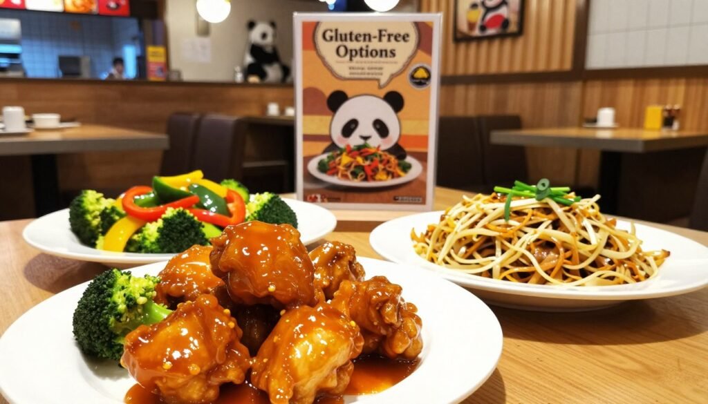 A beautifully arranged tabletop featuring an array of visually appealing gluten-free dishes from Panda Express. In the foreground, showcase a vibrant orange chicken with a glossy sauce, paired with colorful stir-fried broccoli and bell peppers. Next to it, a serving of gluten-free chow mein, garnished with scallions, adds contrast. In the middle ground, include a decorative menu card displaying the words "Gluten-Free Options" with Panda Express branding subtly featured. In the background, a cozy Panda Express restaurant ambiance with warm lighting, wooden textures, and a bustling atmosphere. The overall mood is inviting and appetizing, designed to entice viewers with the delicious possibilities of dietary accommodations. The camera angle is slightly elevated, providing a clear view of the food while capturing the inviting environment. A beautifully arranged tabletop featuring an array of visually appealing gluten-free dishes from Panda Express. In the foreground, showcase a vibrant orange chicken with a glossy sauce, paired with colorful stir-fried broccoli and bell peppers. Next to it, a serving of gluten-free chow mein, garnished with scallions, adds contrast. In the middle ground, include a decorative menu card displaying the words "Gluten-Free Options" with Panda Express branding subtly featured. In the background, a cozy Panda Express restaurant ambiance with warm lighting, wooden textures, and a bustling atmosphere. The overall mood is inviting and appetizing, designed to entice viewers with the delicious possibilities of dietary accommodations. The camera angle is slightly elevated, providing a clear view of the food while capturing the inviting environment.