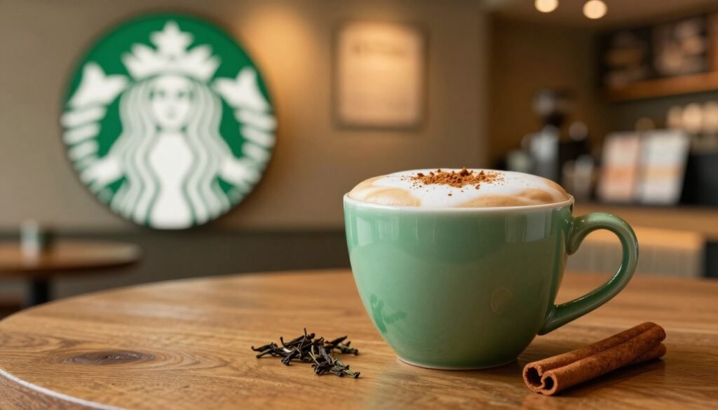 A beautifully crafted Starbucks Tea Latte sits elegantly on a rustic wooden table. In the foreground, the latte showcases vibrant layers of spiced chai and frothy milk with a delicate sprinkle of cinnamon on top. A stunning green ceramic cup adds a pop of color, surrounded by subtle tea leaves and cinnamon sticks. The middle ground features a soft-focus Starbucks logo prominently in view, hinting at the cafe ambiance. In the background, an inviting Starbucks café interior is softly lit, with warm yellow lighting casting a cozy glow. The atmosphere is peaceful and refreshing, evoking the soothing experience of enjoying a tea latte. The composition captures a close-up angle, emphasizing the latte's textures, with a slight bokeh effect to enhance the serene mood. A beautifully crafted Starbucks Tea Latte sits elegantly on a rustic wooden table. In the foreground, the latte showcases vibrant layers of spiced chai and frothy milk with a delicate sprinkle of cinnamon on top. A stunning green ceramic cup adds a pop of color, surrounded by subtle tea leaves and cinnamon sticks. The middle ground features a soft-focus Starbucks logo prominently in view, hinting at the cafe ambiance. In the background, an inviting Starbucks café interior is softly lit, with warm yellow lighting casting a cozy glow. The atmosphere is peaceful and refreshing, evoking the soothing experience of enjoying a tea latte. The composition captures a close-up angle, emphasizing the latte's textures, with a slight bokeh effect to enhance the serene mood.