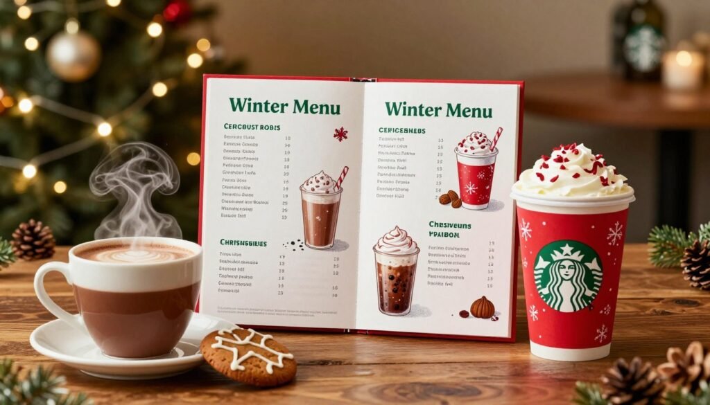 A beautifully organized Starbucks Winter Menu Release Schedule displayed on a rustic wooden table surrounded by seasonal decorations. In the foreground, a steaming cup of hot chocolate and a gingerbread cookie sit alongside a festive red Starbucks cup filled with a seasonal beverage. In the middle, an elegantly designed menu board showcases dates and special offerings, with illustrations of winter-themed drinks like peppermint mocha and chestnut praline latte. In the background, soft fairy lights twinkle, creating a warm and cozy atmosphere filled with a gentle glow, reminiscent of a Starbucks café during winter. The scene is captured in soft focus with a warm color palette, evoking feelings of comfort and holiday joy. The lighting is soft, highlighting the cozy vibe, with a shallow depth of field to emphasize the menu and seasonal treats. A beautifully organized Starbucks Winter Menu Release Schedule displayed on a rustic wooden table surrounded by seasonal decorations. In the foreground, a steaming cup of hot chocolate and a gingerbread cookie sit alongside a festive red Starbucks cup filled with a seasonal beverage. In the middle, an elegantly designed menu board showcases dates and special offerings, with illustrations of winter-themed drinks like peppermint mocha and chestnut praline latte. In the background, soft fairy lights twinkle, creating a warm and cozy atmosphere filled with a gentle glow, reminiscent of a Starbucks café during winter. The scene is captured in soft focus with a warm color palette, evoking feelings of comfort and holiday joy. The lighting is soft, highlighting the cozy vibe, with a shallow depth of field to emphasize the menu and seasonal treats.