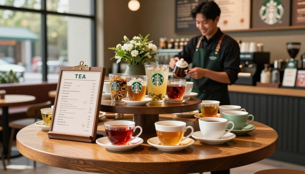 A beautifully organized display of Starbucks tea prices on an elegant wooden table. In the foreground, a polished menu board showcases various tea options with prices clearly listed, artfully arranged next to colorful tea cups and saucers filled with vibrant herbal teas. The middle ground features a barista in a smart black apron, carefully preparing tea while smiling, conveying a welcoming atmosphere. In the background, a Starbucks store with cozy seating and ambient lighting creates an inviting mood. Soft sunlight filters through large windows, adding a warm glow to the scene, enhancing the feeling of refreshment and relaxation. The overall composition feels inviting and professional, capturing the essence of enjoying high-quality tea at Starbucks. A beautifully organized display of Starbucks tea prices on an elegant wooden table. In the foreground, a polished menu board showcases various tea options with prices clearly listed, artfully arranged next to colorful tea cups and saucers filled with vibrant herbal teas. The middle ground features a barista in a smart black apron, carefully preparing tea while smiling, conveying a welcoming atmosphere. In the background, a Starbucks store with cozy seating and ambient lighting creates an inviting mood. Soft sunlight filters through large windows, adding a warm glow to the scene, enhancing the feeling of refreshment and relaxation. The overall composition feels inviting and professional, capturing the essence of enjoying high-quality tea at Starbucks.