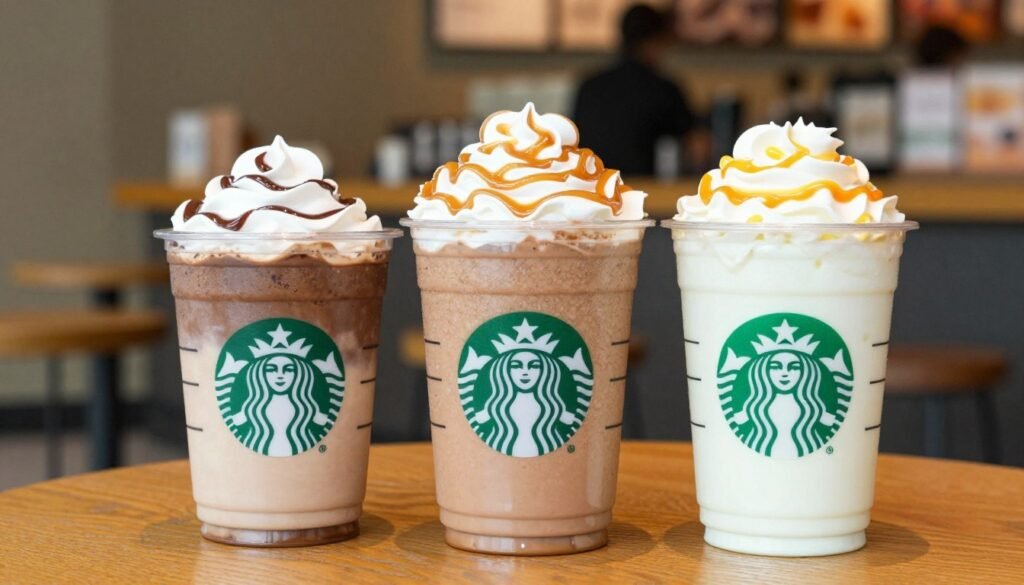 A close-up arrangement of three tall Starbucks Frappuccino cups in different sizes: short, tall, and venti, each filled with vibrant, colorful whipped toppings and various flavors like mocha, caramel, and vanilla. The cups should reflect the iconic Starbucks green and white branding, with clear labels indicating their sizes. The foreground features the cups artistically placed on a polished wooden table, with a blurred background showcasing a cozy Starbucks cafe setting, softly lit for a warm, inviting atmosphere. The lighting is bright yet soft, with a focus on the drinks, capturing their textures and details. This composition conveys a sense of indulgence and enjoyment, ideal for a beverage enthusiast's guide. A close-up arrangement of three tall Starbucks Frappuccino cups in different sizes: short, tall, and venti, each filled with vibrant, colorful whipped toppings and various flavors like mocha, caramel, and vanilla. The cups should reflect the iconic Starbucks green and white branding, with clear labels indicating their sizes. The foreground features the cups artistically placed on a polished wooden table, with a blurred background showcasing a cozy Starbucks cafe setting, softly lit for a warm, inviting atmosphere. The lighting is bright yet soft, with a focus on the drinks, capturing their textures and details. This composition conveys a sense of indulgence and enjoyment, ideal for a beverage enthusiast's guide.