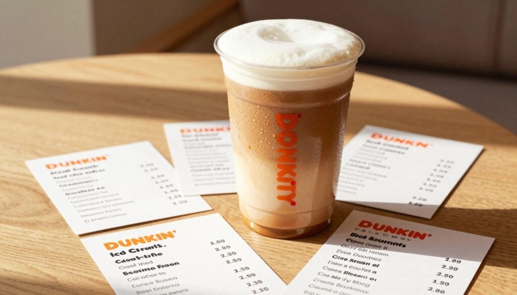 A close-up view of a beautifully arranged table featuring a tall, frosty Dunkin' Donuts iced coffee, glistening with condensation, showcasing its rich caramel color and creamy top layer. Surrounding the coffee are calorie information cards elegantly displayed beside it, highlighting the various iced coffee flavors and their calorie counts in a subtle, infographic style. The soft morning light casts a warm glow over the scene, creating inviting shadows. In the background, faint outlines of a cozy café ambiance with wooden textures and soft seating can be seen, enhancing the refreshingly casual mood. Capture this from a slightly tilted angle, making the iced coffee the focal point, while the calorie cards remain clearly discernible but not overwhelming. A close-up view of a beautifully arranged table featuring a tall, frosty Dunkin' Donuts iced coffee, glistening with condensation, showcasing its rich caramel color and creamy top layer. Surrounding the coffee are calorie information cards elegantly displayed beside it, highlighting the various iced coffee flavors and their calorie counts in a subtle, infographic style. The soft morning light casts a warm glow over the scene, creating inviting shadows. In the background, faint outlines of a cozy café ambiance with wooden textures and soft seating can be seen, enhancing the refreshingly casual mood. Capture this from a slightly tilted angle, making the iced coffee the focal point, while the calorie cards remain clearly discernible but not overwhelming.