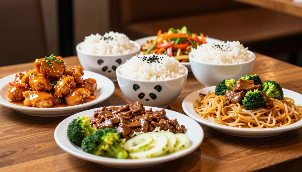A colorful and appetizing spread of Panda Express dishes arranged on a wooden table, showcasing a variety of menu items like Orange Chicken, Chow Mein, and Broccoli Beef. In the foreground, a plate with a sensible portion, emphasizing a balanced meal within calorie constraints, garnished with fresh vegetables. The middle ground features two elegant bowls of rice and a vibrant stir-fry, creating a sense of abundance yet restraint. The background softly blurs, hinting at a welcoming restaurant interior with warm lighting that radiates a cozy atmosphere. Captured from a top-down angle to highlight the meal arrangement, the image conveys a feeling of satisfaction and health-conscious dining, perfect for readers looking to enjoy their favorite meals while minding their calorie goals.