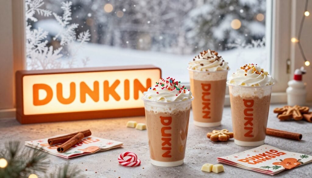 A cozy winter scene featuring an inviting arrangement of Dunkin's seasonal flavors, such as peppermint mocha, gingerbread latte, and toasted white chocolate. In the foreground, display elegantly crafted coffee cups topped with whipped cream and festive sprinkles, surrounded by cozy elements like cinnamon sticks and holiday-themed napkins. The middle ground features a softly glowing Dunkin sign with warm, ambient lighting that enhances the festive mood. In the background, a snowy window view with frosty patterns adds to the winter atmosphere, while subtle soft-focus lights mimic the glow of holiday decor. Aim for a warm, inviting vibe that evokes comfort and a sense of joy during the winter season, captured with a slightly elevated angle to emphasize the delightful arrangement. A cozy winter scene featuring an inviting arrangement of Dunkin's seasonal flavors, such as peppermint mocha, gingerbread latte, and toasted white chocolate. In the foreground, display elegantly crafted coffee cups topped with whipped cream and festive sprinkles, surrounded by cozy elements like cinnamon sticks and holiday-themed napkins. The middle ground features a softly glowing Dunkin sign with warm, ambient lighting that enhances the festive mood. In the background, a snowy window view with frosty patterns adds to the winter atmosphere, while subtle soft-focus lights mimic the glow of holiday decor. Aim for a warm, inviting vibe that evokes comfort and a sense of joy during the winter season, captured with a slightly elevated angle to emphasize the delightful arrangement.