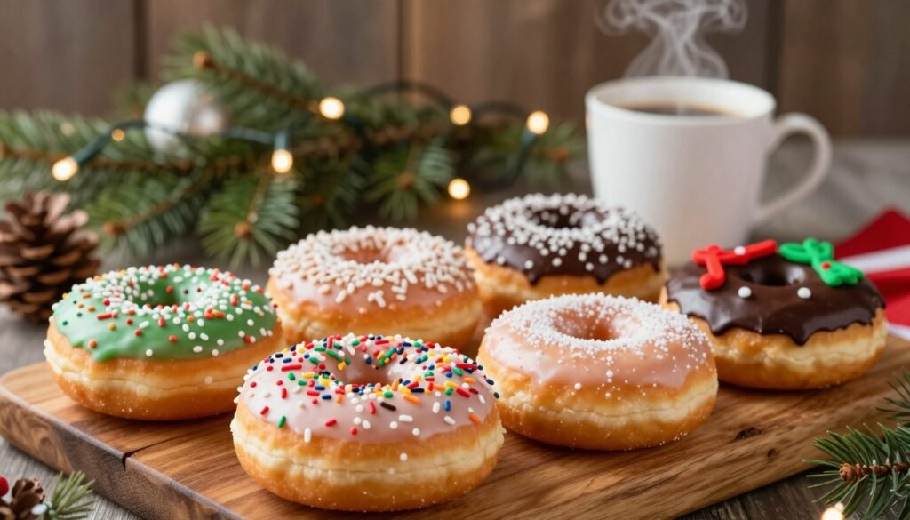 A festive display of Dunkin's holiday donuts, featuring a variety of colorful options including glazed donuts with holiday sprinkles, peppermint bark-topped donuts, and rich chocolate frosted varieties adorned with red and green decorations. In the foreground, the donuts are artfully arranged on a rustic wooden platter, glistening under soft, warm lighting that enhances their delicious textures. The middle ground features subtly arranged holiday-themed decorations like evergreen branches and twinkling fairy lights to create a cozy atmosphere. In the background, a softly blurred coffee cup with steam rising adds to the inviting scene. Use a shallow depth of field to emphasize the donuts while maintaining an overall wintery and cheerful mood, perfect for the holiday season.