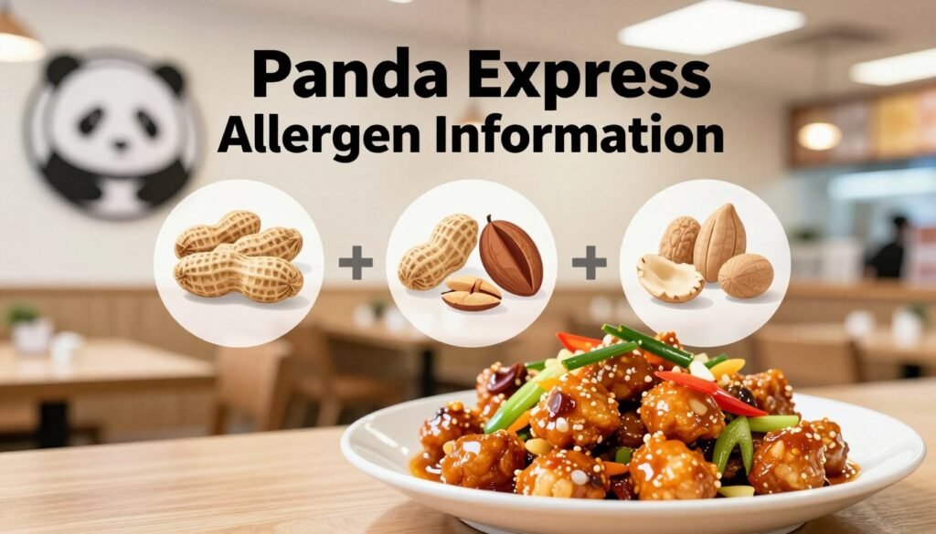 A professionally designed infographic showcasing "Panda Express Allergen Information" focused on peanut and tree nut allergens. In the foreground, a clear visual of a food item known for its allergenic potential highlighted, such as Kung Pao Chicken, elegantly plated with fresh vegetables. In the middle section, illustrated icons representing peanuts and tree nuts with a subtle warning sign, creatively integrated around the food item. The background features a soft blur of the Panda Express restaurant environment, maintaining the ambiance of a welcoming dining space. Bright, natural lighting enhances the colors and details, with a focus on clarity and legibility. The atmosphere is informative yet inviting, aiming to educate readers in a visually appealing way while ensuring a professional layout.