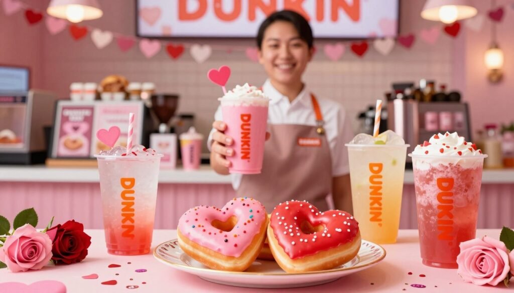 A vibrant Dunkin' Valentine's Day promotion scene featuring a beautifully arranged display of heart-shaped donuts and colorful beverages. In the foreground, two heart-shaped donuts glazed in pink and red icing sit on a decorative plate, with small Valentine-themed decorations like confetti and roses nearby. In the middle, a cheerful barista in a Dunkin' uniform holds a pink drink adorned with a heart-shaped straw, smiling warmly. The background includes a cozy Dunkin' shop ambiance, with festive heart garlands and a soft, inviting glow from the shop's lights, creating a warm and celebratory atmosphere. The lighting is soft yet bright, capturing the excitement of Valentine's Day promotions. The overall mood is joyful and festive, reflecting the spirit of love and treats.
