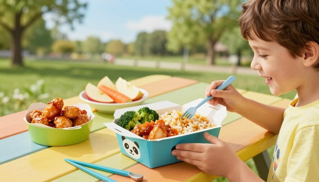 A vibrant Panda Express kids meal set on a colorful picnic table, showcasing a variety of fun and healthy options such as a small portion of orange chicken, steamed broccoli, and fried rice, all neatly arranged in a cheerful, kid-friendly takeout box. In the foreground, a smiling child in a bright t-shirt examines the meal, highlighting joy and excitement about healthy eating. The middle ground features additional side dishes like apple slices and carrots, beautifully presented. In the background, a sunny park scene with green trees and a blue sky creates an inviting atmosphere. Soft, natural lighting illuminates the scene, enhancing the colors and making the food look appetizing. The camera angle is slightly elevated, capturing the joyful interaction of the child with the meal, while maintaining an overall warm and inviting mood.