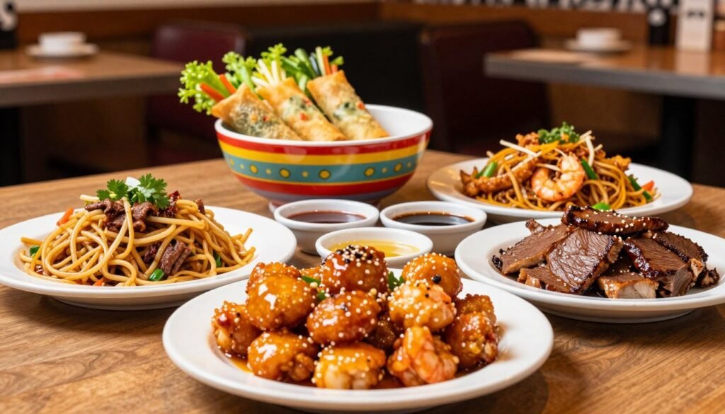 A vibrant and colorful display of various off-the-menu options at Panda Express, artistically arranged on a wooden table. In the foreground, a close-up of a plate featuring the popular "Orange Chicken" and "Honey Walnut Shrimp" paired with unique items like "Chow Mein with Grilled Teriyaki Chicken" and "Beijing Beef". In the middle, a colorful bowl of "Vegetable Spring Rolls" and several dipping sauces like sweet and sour. In the background, the restaurant setting is softly lit, capturing the welcoming atmosphere, with hints of Panda Express branding subtly incorporated. The lighting is warm and inviting, aimed from the left to create a subtle highlight on the food. The mood is inviting and enticing, perfect for showcasing hidden culinary treasures.