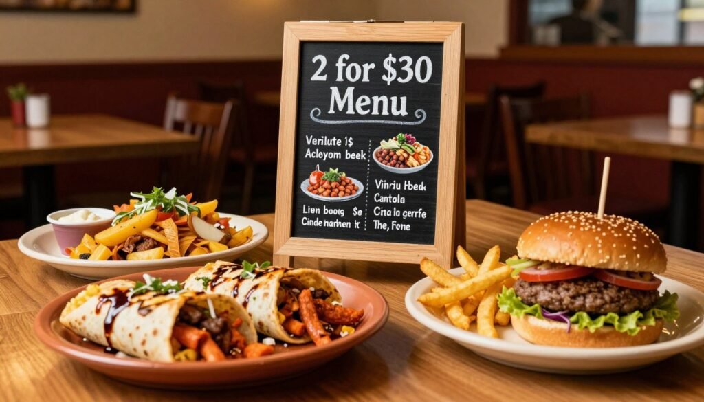 A vibrant and colorful tabletop scene featuring an inviting selection of dishes from Applebee's "2 for $30 Menu." In the foreground, a beautifully arranged meal includes two main dishes, such as a sizzling plate of fajitas and a classic burger, artfully presented on rustic plates. In the middle ground, a small, elegant chalkboard displays key highlights of the menu, emphasizing value with enticing visuals of the food. The background showcases a cozy Applebee's setting with warm, ambient lighting that creates a friendly atmosphere. The overall mood is delightful and appetite-inducing, suggesting a shared dining experience. Capture the image from a slightly elevated angle to enhance the delicious details and showcase the inviting ambiance without any people present. A vibrant and colorful tabletop scene featuring an inviting selection of dishes from Applebee's "2 for $30 Menu." In the foreground, a beautifully arranged meal includes two main dishes, such as a sizzling plate of fajitas and a classic burger, artfully presented on rustic plates. In the middle ground, a small, elegant chalkboard displays key highlights of the menu, emphasizing value with enticing visuals of the food. The background showcases a cozy Applebee's setting with warm, ambient lighting that creates a friendly atmosphere. The overall mood is delightful and appetite-inducing, suggesting a shared dining experience. Capture the image from a slightly elevated angle to enhance the delicious details and showcase the inviting ambiance without any people present.