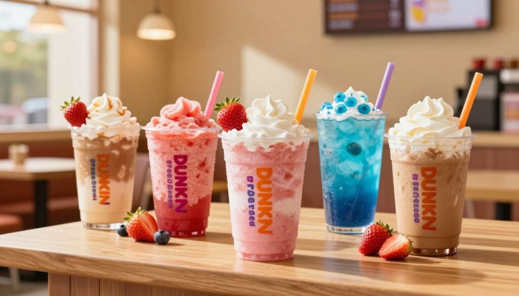 A vibrant and inviting Dunkin' Donuts Frozen Drinks Menu displayed prominently in the foreground, showcasing an array of colorful frozen beverages like strawberry freeze, blue raspberry coolatta, and caramel iced coffee. Each drink is presented in clear cups with colorful straws, garnished with fresh fruit and whipped cream to enhance visual appeal. The middle ground features an imaginative background resembling a cozy Dunkin' café with warm wooden tones and soft yellow lighting, creating a relaxed and refreshing atmosphere. Bright sunlight streams in, illuminating the drinks. The overall mood is cheerful and inviting, enticing viewers to explore the refreshing frozen options and enjoy a cool treat. The angle is slightly overhead, capturing all the delicious details without any text or branding clutter. A vibrant and inviting Dunkin' Donuts Frozen Drinks Menu displayed prominently in the foreground, showcasing an array of colorful frozen beverages like strawberry freeze, blue raspberry coolatta, and caramel iced coffee. Each drink is presented in clear cups with colorful straws, garnished with fresh fruit and whipped cream to enhance visual appeal. The middle ground features an imaginative background resembling a cozy Dunkin' café with warm wooden tones and soft yellow lighting, creating a relaxed and refreshing atmosphere. Bright sunlight streams in, illuminating the drinks. The overall mood is cheerful and inviting, enticing viewers to explore the refreshing frozen options and enjoy a cool treat. The angle is slightly overhead, capturing all the delicious details without any text or branding clutter.