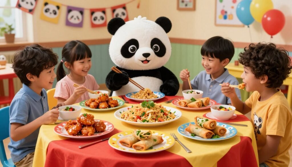 A vibrant and inviting Panda Express kids menu displayed on a colorful, playful table setting. In the foreground, a small, round table with a red and yellow tablecloth, featuring an enticing array of kid-friendly dishes: orange chicken, fried rice, and mini spring rolls, served on cheerful, cartoonish plates. In the middle, a bright, animated panda mascot holds a pair of chopsticks, engaging with smiling children in modest casual clothing, delighting in their meal. The background features whimsical decorations, like panda-themed banners and balloons, creating a festive atmosphere. Soft, warm lighting enhances the inviting mood, casting gentle shadows and highlighting the colorful dishes. Capture this scene from a slightly elevated angle to showcase both the food and the joyful expressions of the kids enjoying their Panda Express experience.