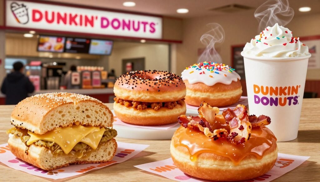 A vibrant and inviting arrangement of Dunkin' Donuts secret menu food hacks, including a half-eaten breakfast sandwich, colorful donuts topped with unique flavor combinations, and a steaming cup of coffee adorned with whipped cream and sprinkles. In the foreground, highlight a glossy donut with a surprising filling, such as bacon and maple glaze. In the middle, showcase an assortment of creative food pairings, like a donut sandwich made from two donuts enclosing a savory filling. The background features the iconic Dunkin' Donuts coffee shop with warm lighting, creating a cozy and welcoming atmosphere reminiscent of a morning rush. Use a slight overhead angle for a dynamic composition, capturing the deliciousness and creativity of these secret items. A vibrant and inviting arrangement of Dunkin' Donuts secret menu food hacks, including a half-eaten breakfast sandwich, colorful donuts topped with unique flavor combinations, and a steaming cup of coffee adorned with whipped cream and sprinkles. In the foreground, highlight a glossy donut with a surprising filling, such as bacon and maple glaze. In the middle, showcase an assortment of creative food pairings, like a donut sandwich made from two donuts enclosing a savory filling. The background features the iconic Dunkin' Donuts coffee shop with warm lighting, creating a cozy and welcoming atmosphere reminiscent of a morning rush. Use a slight overhead angle for a dynamic composition, capturing the deliciousness and creativity of these secret items.