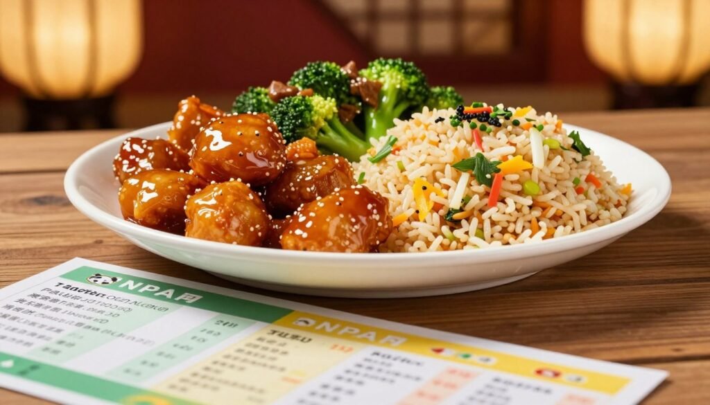 A vibrant and inviting display of a Panda Express meal on a wooden table, emphasizing a well-balanced plate featuring signature dishes like Orange Chicken, Broccoli Beef, and Fried Rice, garnished with fresh vegetables. In the foreground, a close-up of a colorful nutrition chart with calorie counts and ingredients can be subtly blended into the scene, showcasing the nutritional information without text. Soft, warm lighting casts a welcoming glow, highlighting the texture of the food. In the background, hints of traditional Asian decor, like bamboo and lanterns, create a cozy atmosphere. The angle is slightly elevated, providing a clear view of the meal and nutrition details, evoking a sense of informed dining choices and healthy eating inspired by authentic Asian flavors.