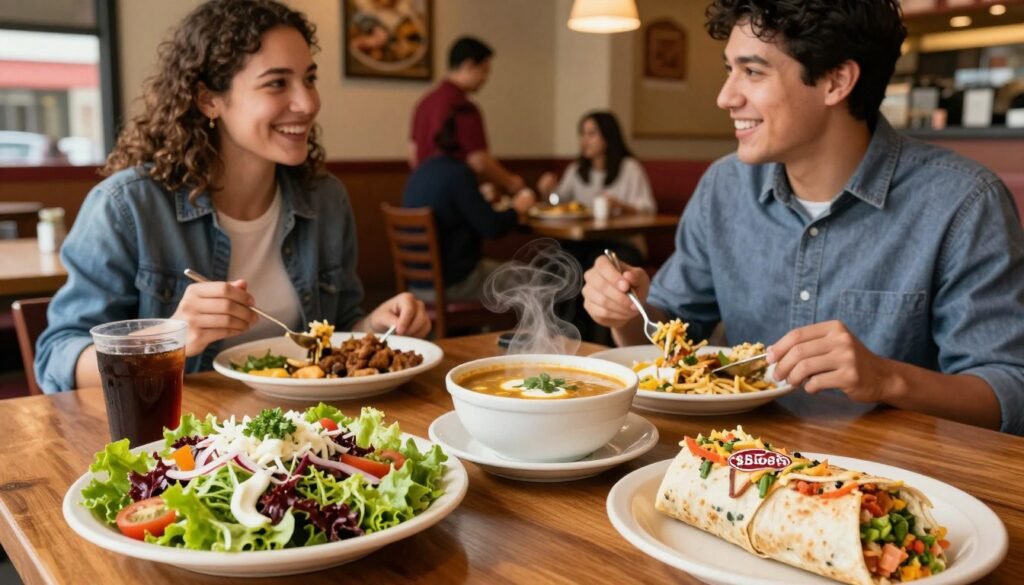 A vibrant and inviting lunch table featuring a variety of affordable meal options, prominently showcasing Applebee's $5.99 lunch menu items. In the foreground, display a beautifully plated salad, a steaming bowl of soup, and a colorful wrap, all garnished attractively. In the middle ground, include a cheerful lunch setting with a couple of diners in business casual attire enjoying their meals, smiling and engaged in conversation. The background shows a cozy restaurant ambiance with warm lighting, wooden tables, and friendly staff attending to customers. Capture the scene with a slight depth of field, focusing on the lunch dishes while softly blurring the background, enhancing the sense of a relaxed dining experience. The overall mood is friendly, inviting, and budget-conscious, perfect for a midday break. A vibrant and inviting lunch table featuring a variety of affordable meal options, prominently showcasing Applebee's $5.99 lunch menu items. In the foreground, display a beautifully plated salad, a steaming bowl of soup, and a colorful wrap, all garnished attractively. In the middle ground, include a cheerful lunch setting with a couple of diners in business casual attire enjoying their meals, smiling and engaged in conversation. The background shows a cozy restaurant ambiance with warm lighting, wooden tables, and friendly staff attending to customers. Capture the scene with a slight depth of field, focusing on the lunch dishes while softly blurring the background, enhancing the sense of a relaxed dining experience. The overall mood is friendly, inviting, and budget-conscious, perfect for a midday break.