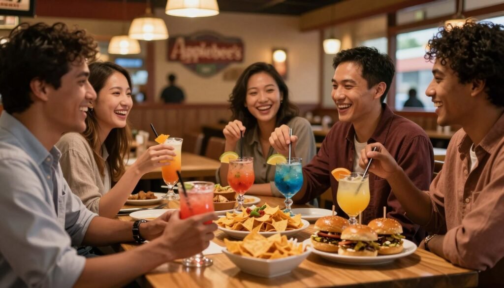 A vibrant and inviting scene set at an Applebee's restaurant during happy hour. In the foreground, a well-dressed group of diverse friends, casually enjoying drinks and appetizers, radiates joy and laughter. The middle ground showcases a beautifully arranged table with colorful cocktails, loaded nachos, and enticing sliders, glistening under warm lighting. The background features Applebee's signature décor with a cozy atmosphere, including wood accents and soft ambient lighting, hinting at evening festivities. The image should capture the essence of camaraderie and celebration, emphasizing the lively atmosphere of happy hour, with a focus on camaraderie and relaxed enjoyment. Employ warm tones to enhance the inviting mood, using a slightly shallow depth of field to keep the focus on the friends and food, creating a sense of intimacy and warmth. A vibrant and inviting scene set at an Applebee's restaurant during happy hour. In the foreground, a well-dressed group of diverse friends, casually enjoying drinks and appetizers, radiates joy and laughter. The middle ground showcases a beautifully arranged table with colorful cocktails, loaded nachos, and enticing sliders, glistening under warm lighting. The background features Applebee's signature décor with a cozy atmosphere, including wood accents and soft ambient lighting, hinting at evening festivities. The image should capture the essence of camaraderie and celebration, emphasizing the lively atmosphere of happy hour, with a focus on camaraderie and relaxed enjoyment. Employ warm tones to enhance the inviting mood, using a slightly shallow depth of field to keep the focus on the friends and food, creating a sense of intimacy and warmth.