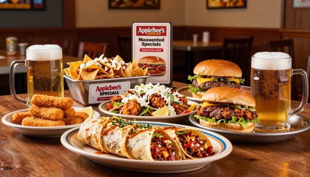 A vibrant, appetizing scene showcasing an Applebee's tabletop overflowing with visually appealing menu items that illustrate discounted specials. In the foreground, a rich, colorful plate of sizzling fajitas sits next to a frosty mug of beer with condensation. In the middle, a well-organized display of a variety of appetizers, including mozzarella sticks and loaded nachos, emphasizes value, complemented by enticing entrees like a juicy burger and crispy chicken salad. The background features a warm, inviting restaurant ambiance with tasteful lighting and wooden accents, creating a cozy dining atmosphere. The overall mood is energetic yet casual, inviting viewers to imagine enjoying delicious meals at unbeatable prices. Shot from a slightly elevated angle to capture the full layout of the meal.